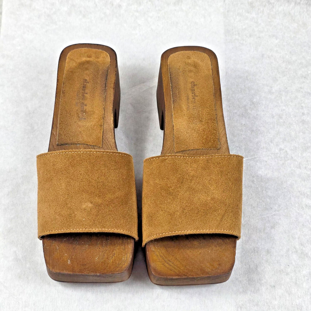 Vintage 90s Charles David Brown Suede Wood Platform Mules Clogs Sz 40 Made italy